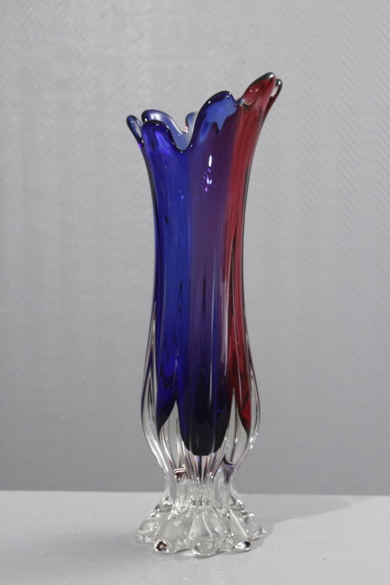 Image 1 of Grote vaas van Murano-glas, vervaardigd met de Sommerso-techniek, roze en blauw, Italiaans design, jaren 70.