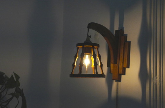 Image 1 of Set van twee Spaanse wandlampen, vintage houten lantaarnlampen, mediterrane verlichting in art-deco-stijl.