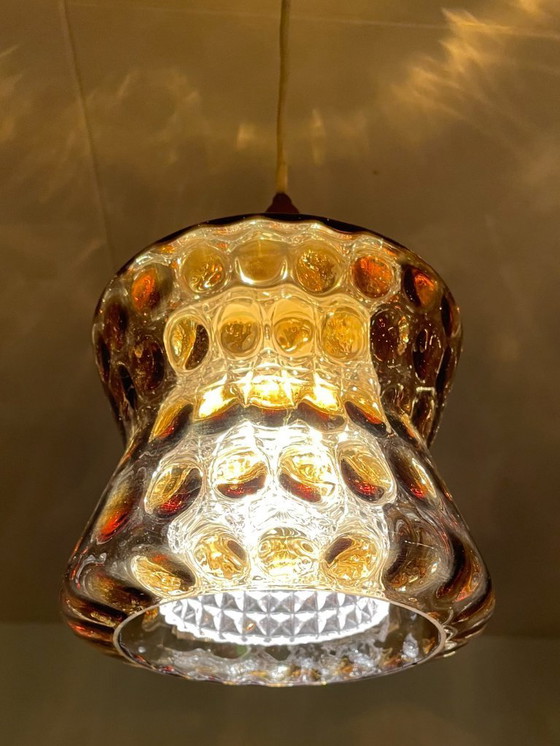 Image 1 of Orrefors by Carl Fagerlund, 1960s, Cozy Mid-Century Scandinavian Pendant in Amber Glass & Teak 