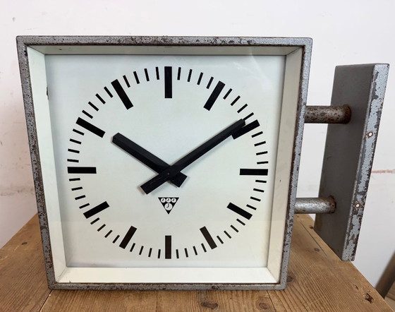 Image 1 of Industrial Square Double Sided Factory Wall Clock from Pragotron, 1970s