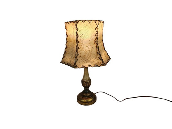 Image 1 of Italian wooden table lamp - gilded - Hollywood Regency style - pigskin handmade lampshade - 70's
