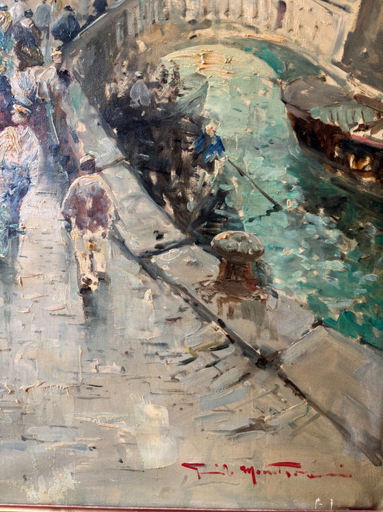 Oil Painting on Canvas of a Venetian Canal View by Guido Mantovani, Early Twentieth Century (photo 5 of 8)