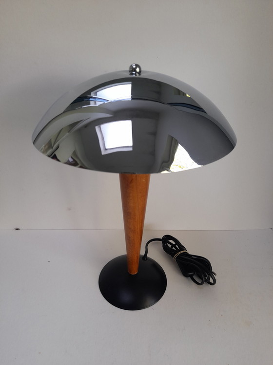 Image 1 of Mushroom-shaped table lamp in chrome and wood