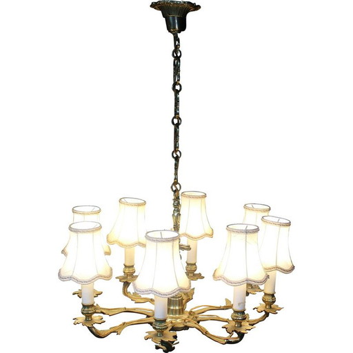 Vintage brass and white fabric chandelier, 1950