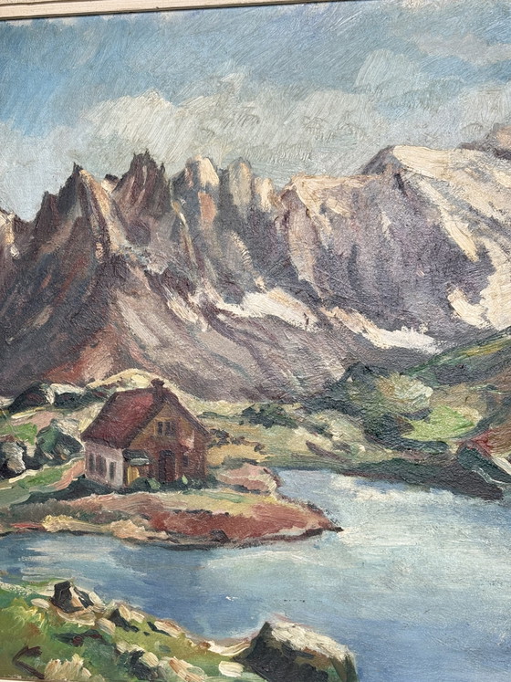 Image 1 of Vintage Alpine Lake Chateau: Gilded Masterpiece by E. Cools (1960)
