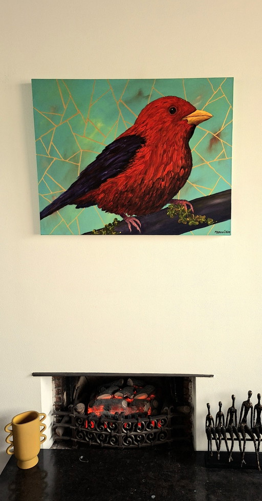 Manou Claire - Sweet Little Red Bird – schilderijen tekeningen, Wood, Canvas (photo 2 of 6)