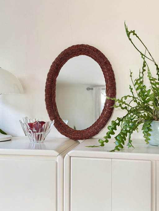 Vintage rattan wall mirror oval - boho retro 70s style