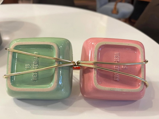 Ciotola Mid Century per snack e servizio in menta e rosa con manico in ottone degli anni '50, made in Germany (photo 7 of 7)