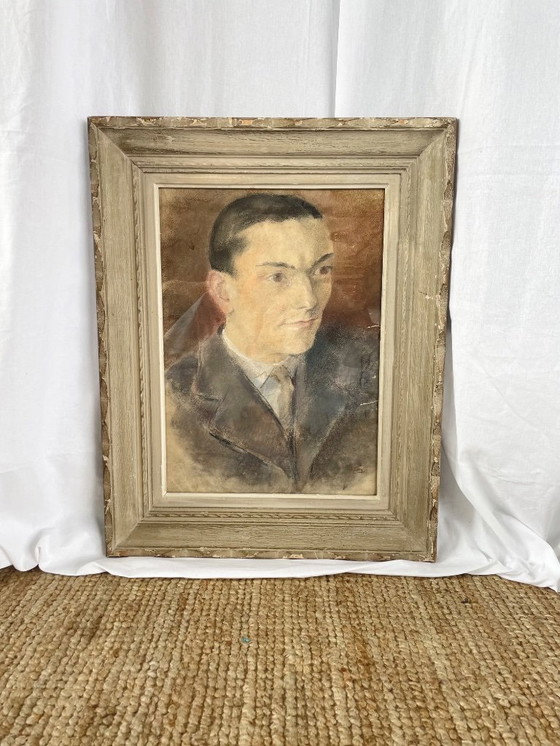 Image 1 of Pastel portrait of a man under glass, signed, early 20th century