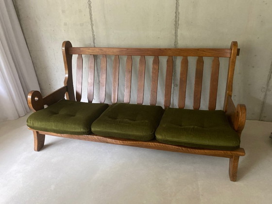 Image 1 of Divano in rovere massello – anni '70, stile rustico-brutalista, rivestimento verde