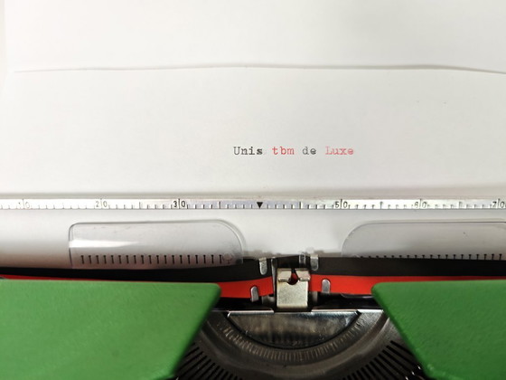 Image 1 of Vintage Green Working Typewriter / Green UNIS TBM De Luxe 1970's / Retro Office / Office Decor / Olympia / Mid Century Modern