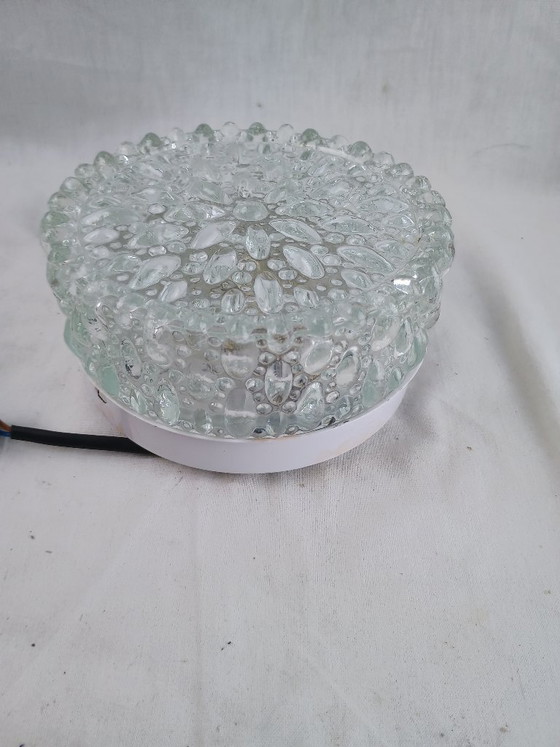 Image 1 of Vintage Glashütte Limburg 1960s Pressed Glass Ceiling Light - Textured Clear Glass Flush Mount Wall Sconce German Mid-Century