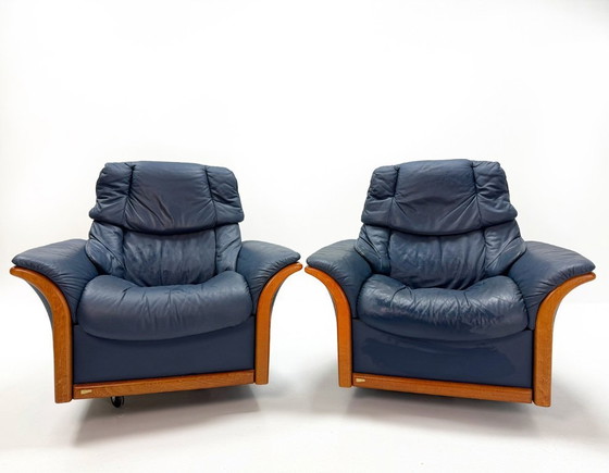 Image 1 of Ekornes Stressless – Paar verstellbare Drehsessel – Blaues Leder & Buche