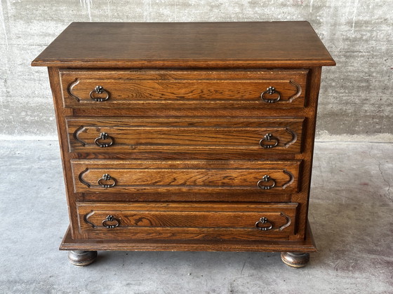 Vintage ladekast van eikenhout en fineer met 4 lades – Commode rustique, Ladekasten, Wood, Metal (photo 2 of 6)
