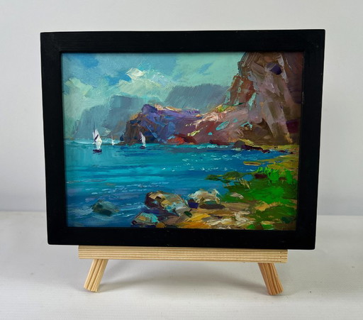 Original Oil Painting Coastal Rock Landscape Sailboats on the sea