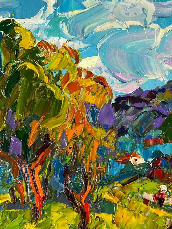 Image 1 of Original Oil Painting Nature Landscape A Village at the Foot of the Mountains