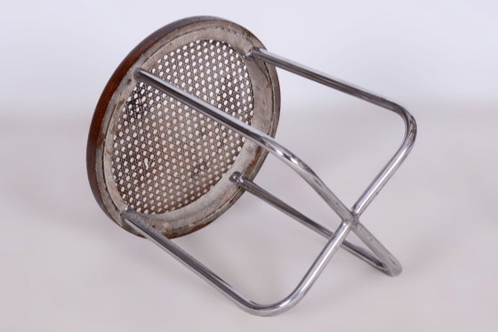 Restored Bauhaus Stool, by Robert Slezák, Chrome, Rattan, Czech, 1930s – Wood (photo 6 of 9)