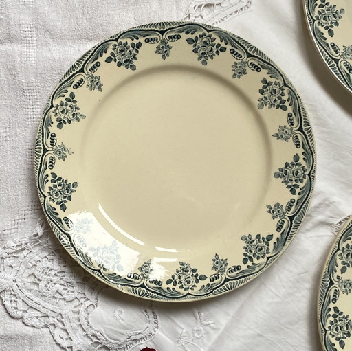 Lot de 3 Assiettes Plates Terre de Fer Choisy le Roi Boulanger Modèle Bordeaux Vert/Bleu