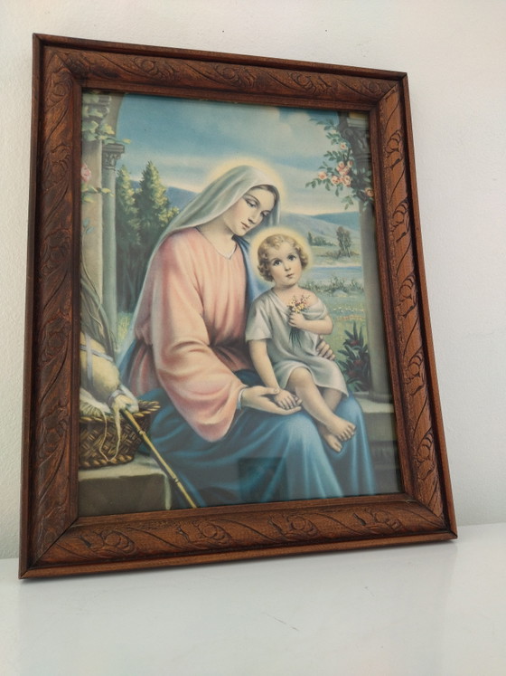 Cromolitografia Madonna con Bambino – Cornice Vintage 35 x 28 cm – Litografie e stampe, Glass, Mdf (photo 6 of 7)