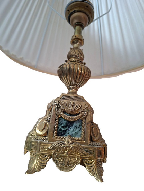 Image 1 of Vintage Neoclassical Style Table Lamp in Brass and Green Marble from the 1950s