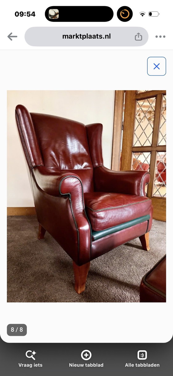 Leder Ohrensessel / Wingback mit Hocker – Bordeaux – Holz (photo 7 of 7)