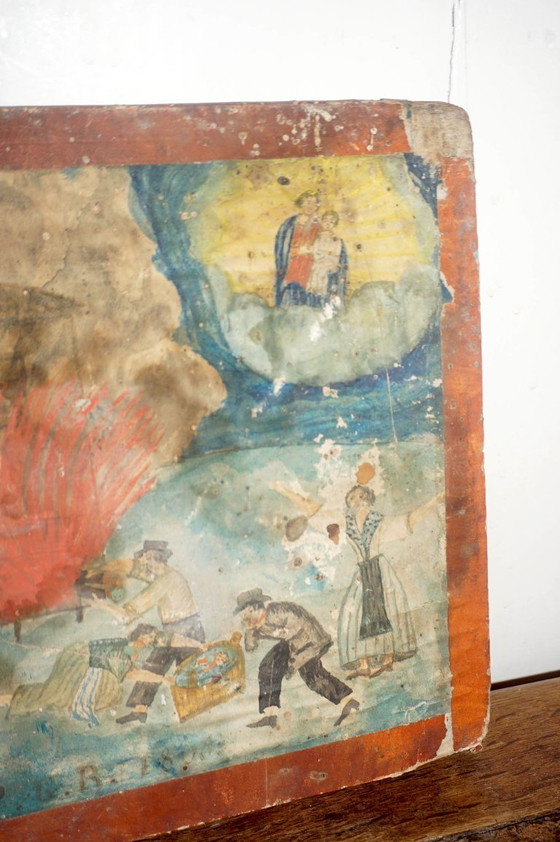 Image 1 of antique ex voto fire rescue painting * early 1800s * oil on wood