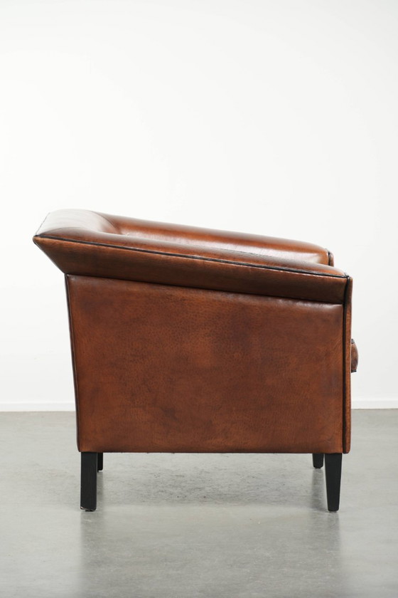 Image 1 of Strakke schapenleren Art Deco design armchair/ fauteuil met zwarte biezen en een prachtige warme kleur