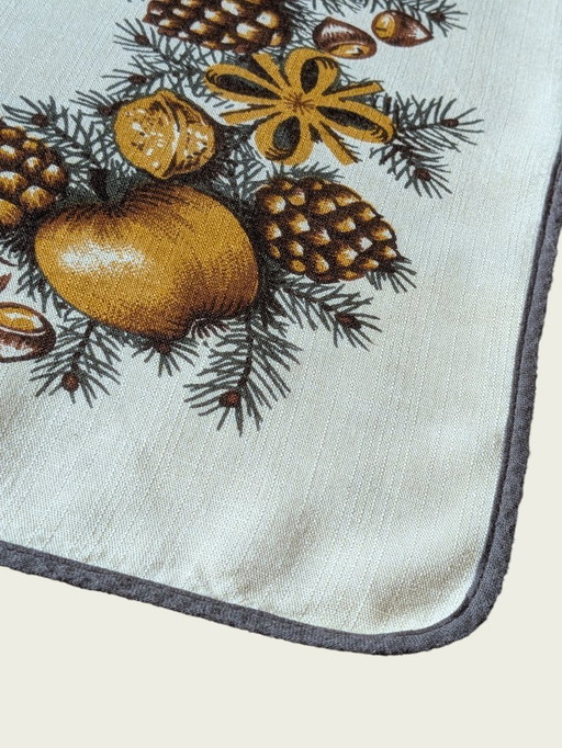 Piccola tovaglia natalizia vintage – 40×40 cm, cotone, motivo melo-pero-abete