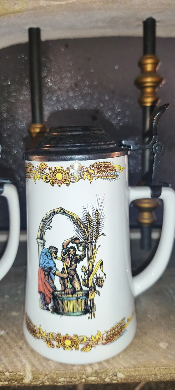 Set aus 3 weißen Keramik-Bierkrügen (500 ml) mit Metalldeckel, Motiv: Ährenblatt – SPLUGEN, Tafelgeschirr (photo 4 of 6)