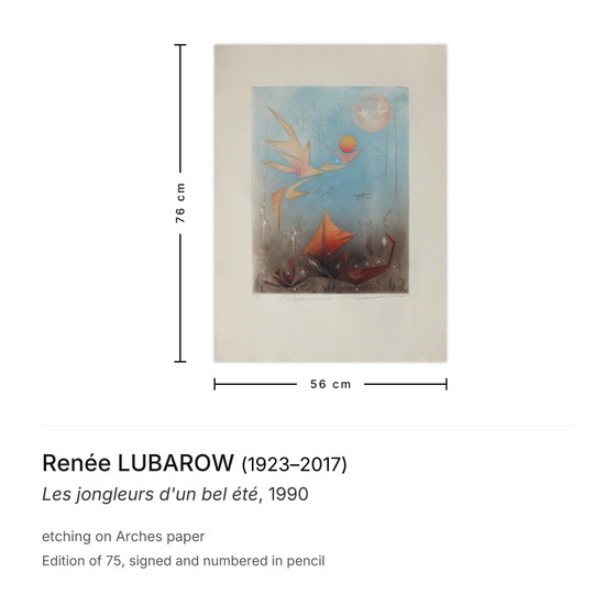 Image 1 of Renée LUBAROW, I giocolieri di una splendida estate, acquaforte firmata, 1990