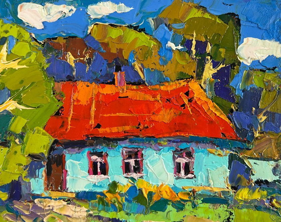 Image 1 of Original Oil Painting Day Village Landscape Village under summer