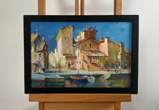 Origineel olieverfschilderij: Stadslandschap aan de rivier, schaduwen van het stadsleven