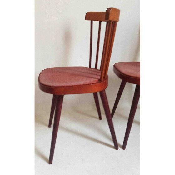 Image 1 of Pair of vintage model 740 chairs in beech and red leatherette for Baumann, 1950