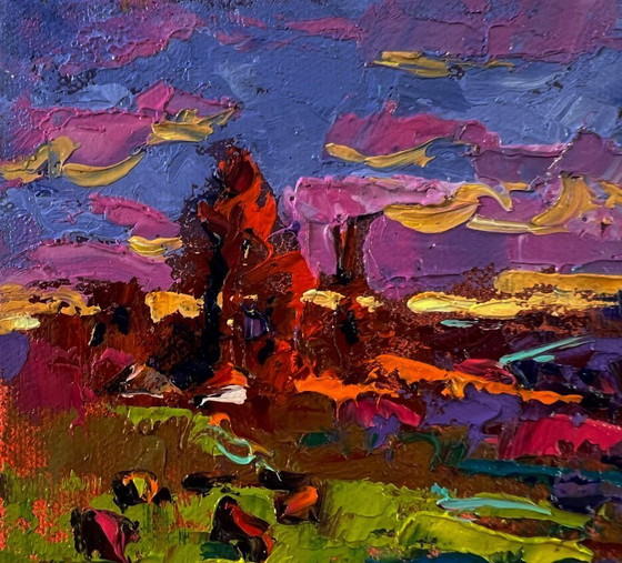 Image 1 of Original Oil Painting Colorful Sky Landscape Summer Blue Night