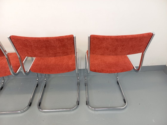 Image 1 of Suite of 4 vintage cantilever chairs in chromed metal and fabric from the 70s