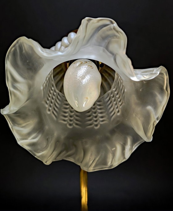 Image 1 of Vintage Frosted Glass Tulip Table Lamp – Art Nouveau Style Swan Neck Brass Lamp – Working