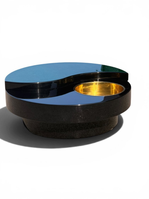 Willy Rizzo Yin-Yang draaibare salontafel - Smaragdgroen glas en lak (circa 1970)