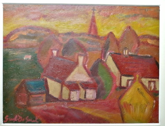 G De Smet 2 x Village Views Oil on Cardboard in P-Partout – Paintings & Drawings, Paper (photo 6 of 9)