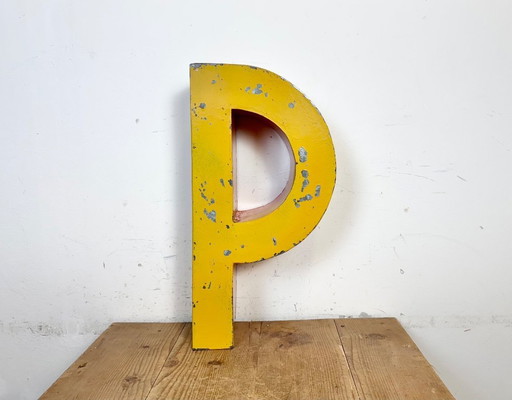 Large Vintage Yellow Iron Facade Letter P, 1960s