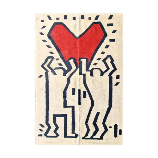 Tapiz tejido a mano con diseño de corazón de Keith Haring | Arte pop contemporáneo (118 × 79 pulgadas)