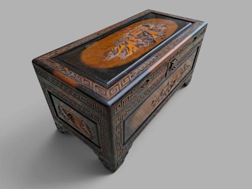 Chinese kamferhouten dekenkist met handgemaakt houtsnijwerk en messing beslag afm: 88x43cm en 44cm hoog. (photo 2 of 5)
