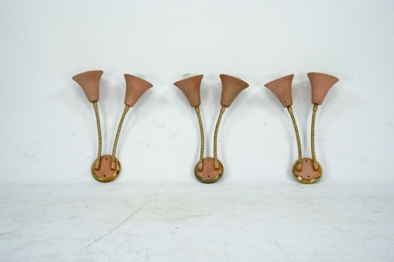 Mid-Century, Set of three sconces in Arredoluce manner. Italy 1950s, Wall lights, Brass, Orange (photo 2 of 11)