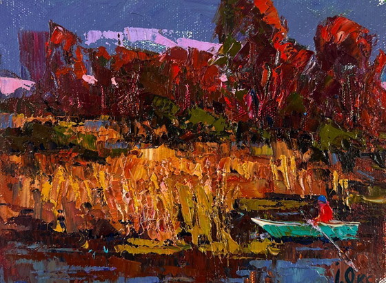 Image 1 of Original Oil Painting Autumn River Landscape: A Walk in the Evening Silence