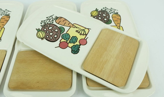 Image 1 of set of 4 waechtersbach SNACK PLATTERS vegetable plate ceramic with wooden insert 1950s 60s