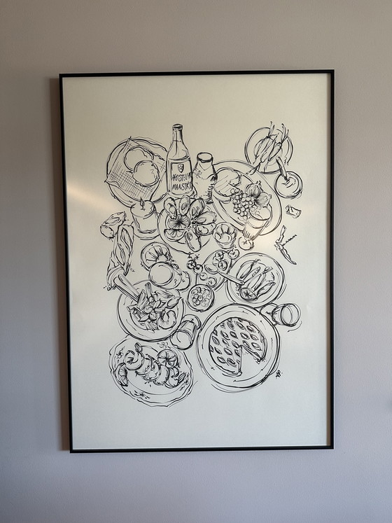 Image 1 of Screen print line drawing “At the table”