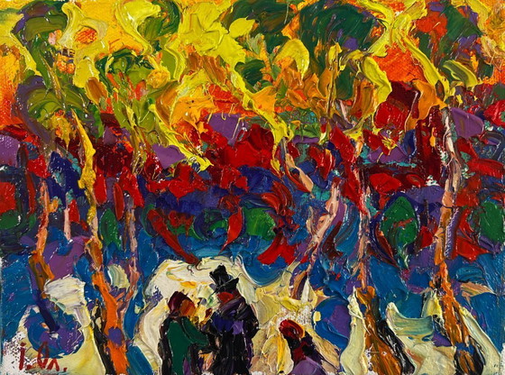 Image 1 of Original Oil Painting Colorful Forest Landscape Trees burn with the evening light