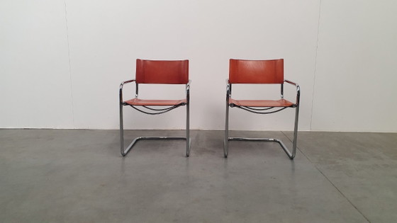 Image 1 of Fasem Italy 70s vintage chairs cognac harness leather, Mart Stam Breuer