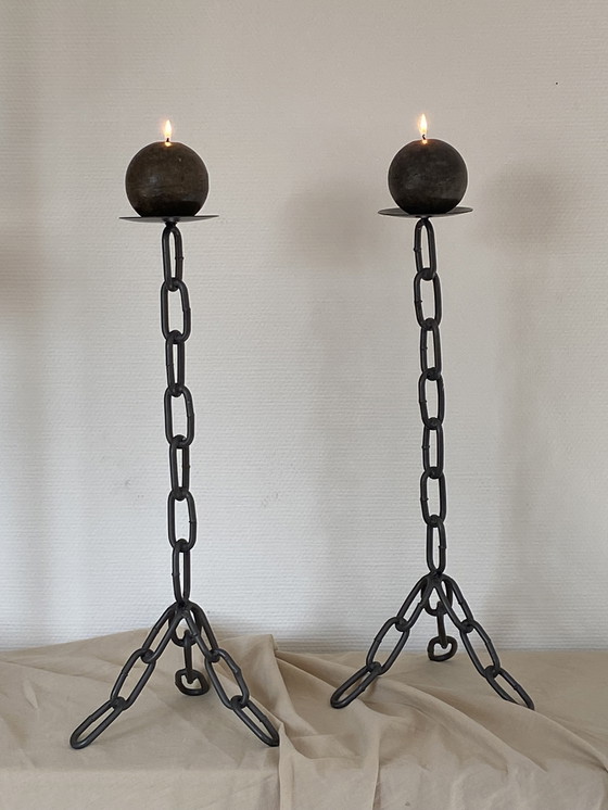 Image 1 of Bougeoirs Vintage en Fonte à Maillons de Chaînes