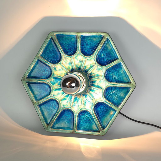 Vintage hexagonal blue wall light. Ceramic and glass wall lamp with blue glaze. Germany, 70s, E27 lamp holder.