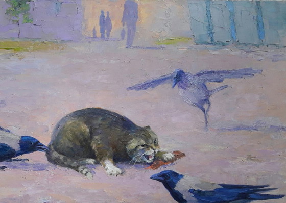 Original Oil Painting Animals Cat Birds Raven Strategy – Paintings & Drawings, Canvas (photo 7 of 8)
